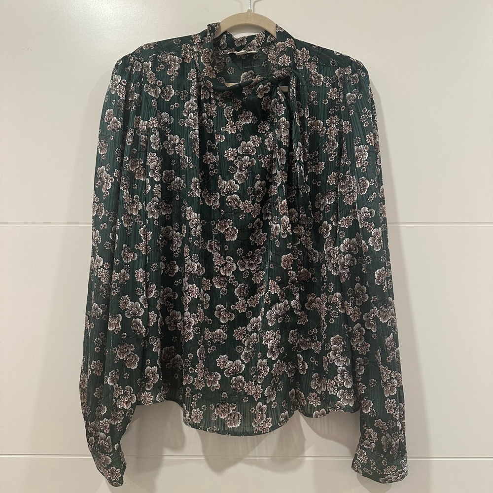 Topshop Dark Green Floral Tie-Neck Blouse